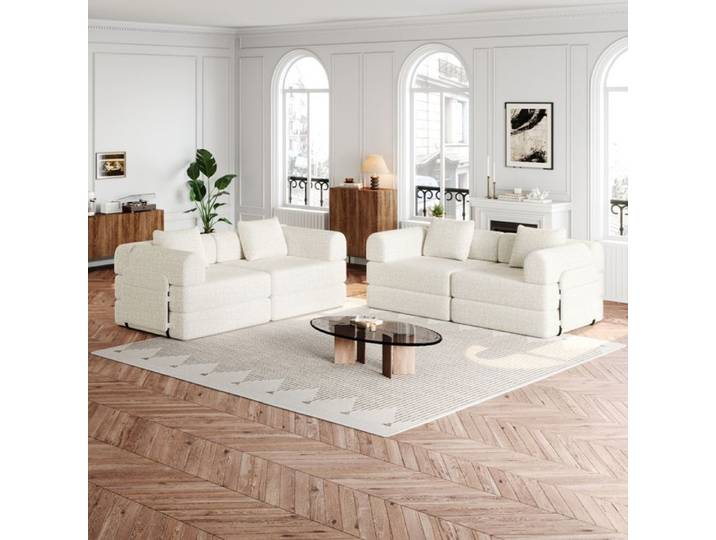 COVREO Canapé-lit convertible 1 place 2-en-1 chenille beige avec rangement accoudoir