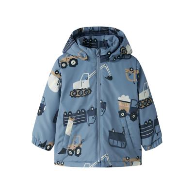 Outdoorjacke NAME IT "NMMMAX JACKET PA AOP NOOS", Jungen, Gr. 98, country blau aop:2 construction, Web, Obermaterial: 100% Polyester, bedruckt, normal, elastischer Bund, Jacken Outdoorjacke, Kunstfaser, wasserabweisend, mit abnehmbarer Kapuze