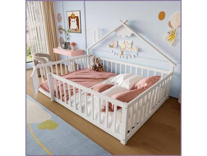 Lit d'enfant 140x190 cm en pin massif - Design maison miniature avec barrière de sécurité verrouillée - Blanc
