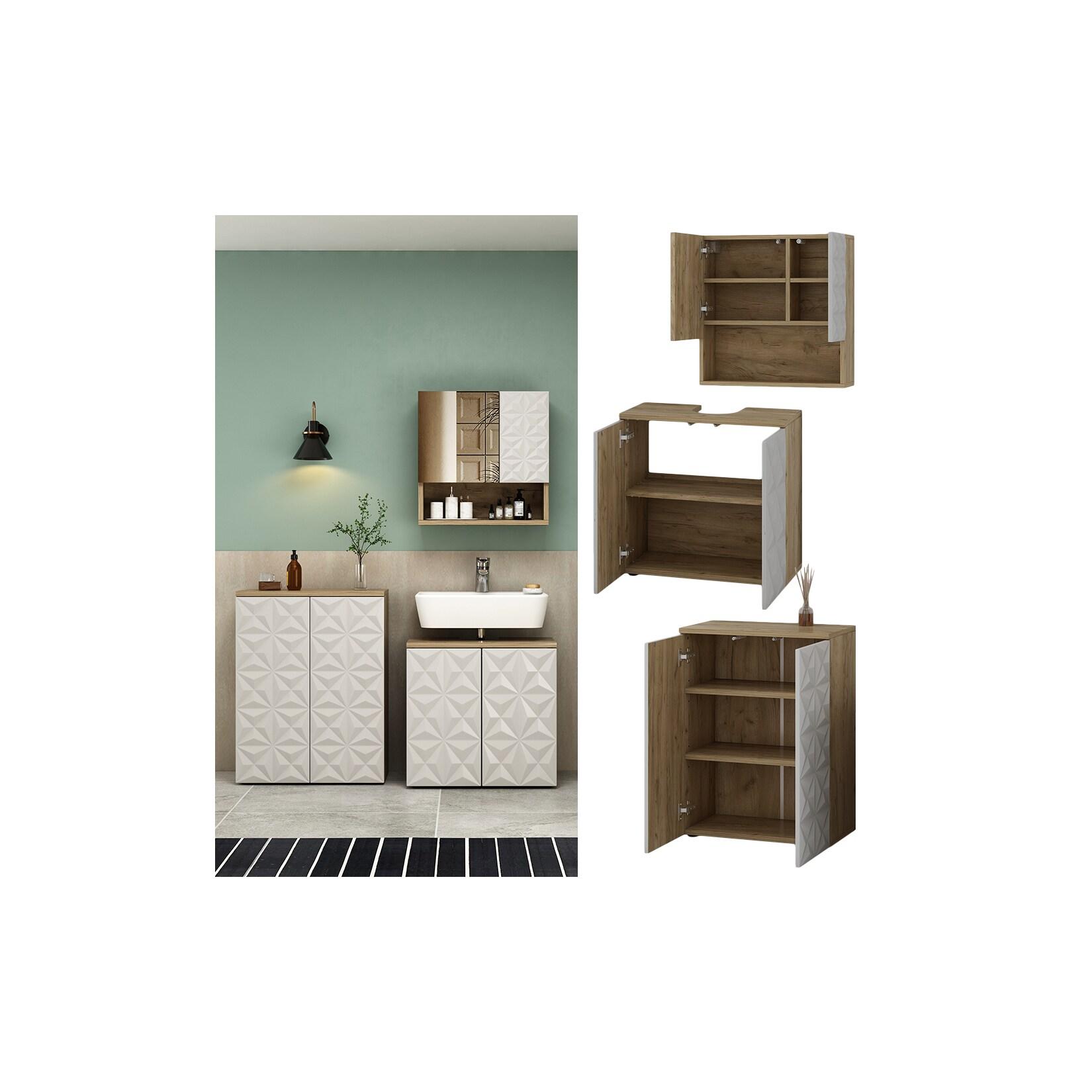Vicco Badmöbel-Set Badezimmer-Möbel Bad-Schrank Edge Eiche Weiß modern Badezimmerschrank Waschbeckenunterschrank Spiegelschrank Badezimmerkommode