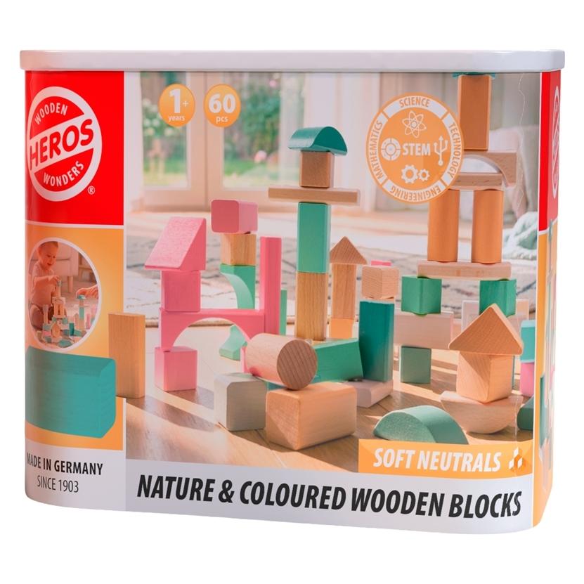 Heros FSC Byggeklodser - Bløde neutrale farver og naturlige traeklodser, 60 stk. (HE0024)