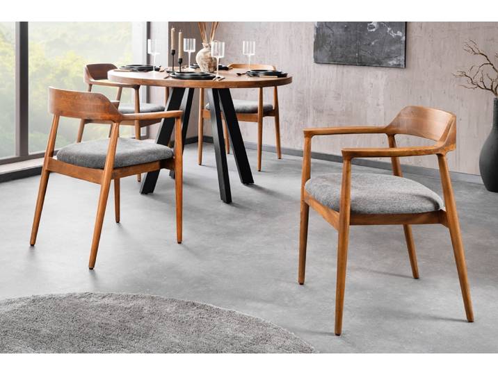 Design Stuhl KENNEDY braun grau massives Mangoholz honey finish Strukturstoff Polsterstuhl Esszimmerstuhl Küchenstuhl Modern & Design