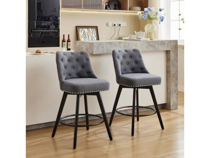 JustSmart 2er-Set drehbare Barhocker mit Rückenlehne – Gepolstert, 360° schwenkbar, Holzbeine, Fußstütze – Bezugsstoff: Leinen, Farbe: Grau