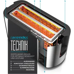 Arendo Frühstücks Set Edelstahl Wasserkocher 1,7l, Temperaurauswahl & 4-Scheiben Langschlitz Toaster, Grau, Wasserkocher, Silber