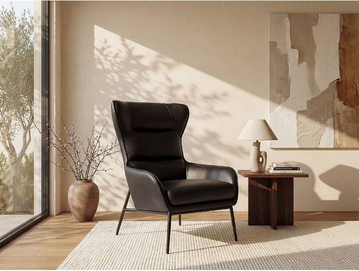 Sessel aus schwarzem Büffelleder - DINNIA, elegantes Design, hohe Stabilität, komfortable Polsterung