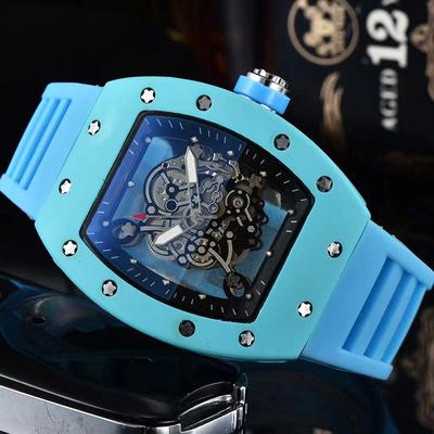 ModernMart Barrel Shape Skeleton Quartz Watch Transparent Dial Stylish Casual Mens Watch blue