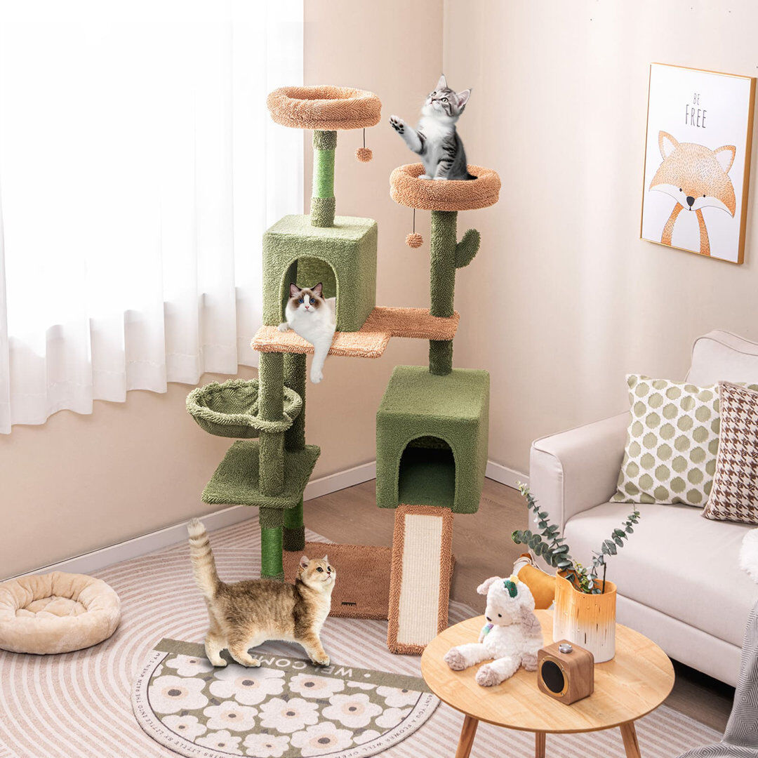 Happy Larry 160 cm Tall Modern Cat Tree Green Cactus Cat Tower w/Hammock Green 160cm H X 59cm W X 48cm D