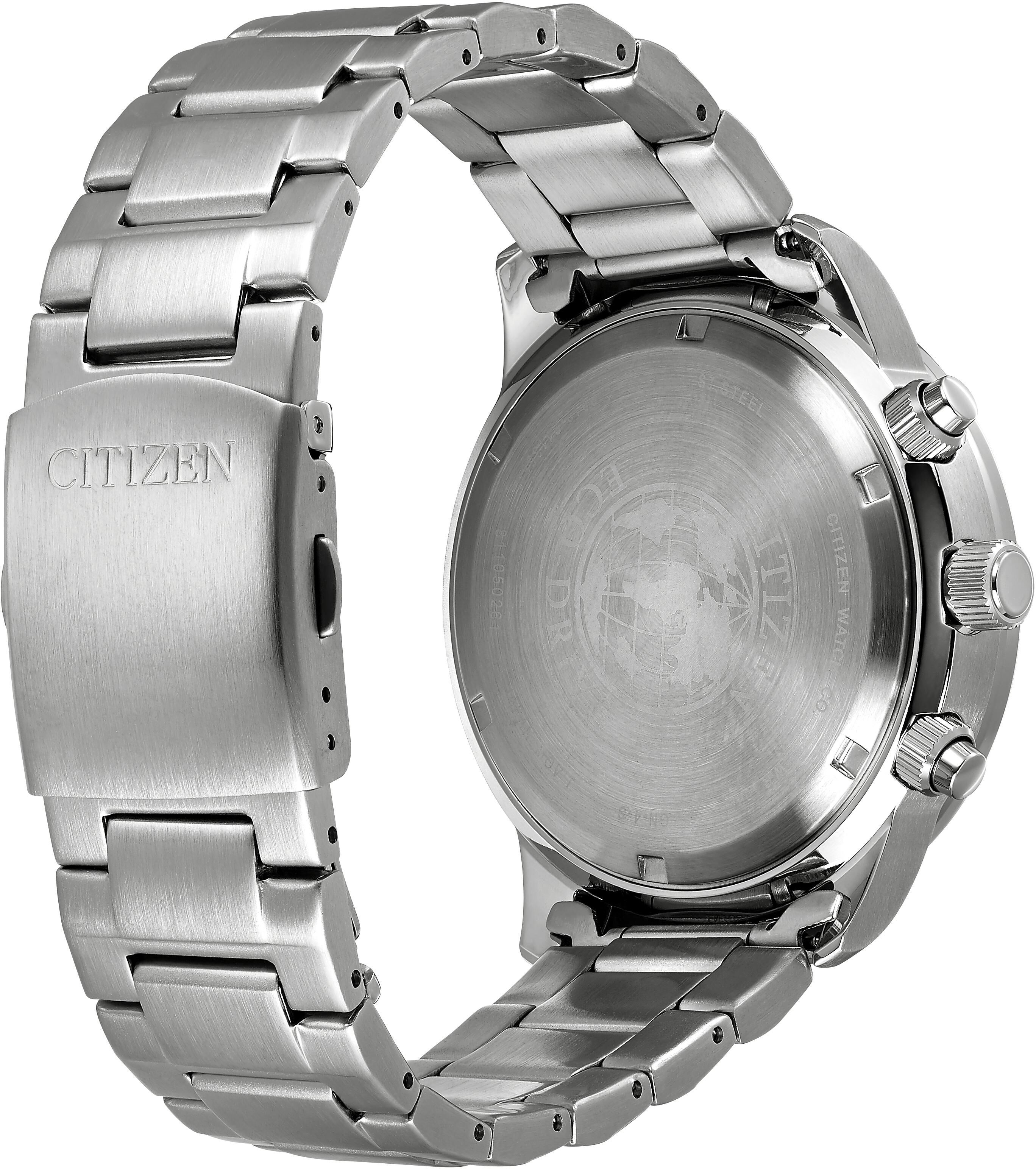 Chronograph CITIZEN, silber (silberfarben, dunkelblau, dunkelblau), Armbanduhren, Herren, silberfarben, Chronograph, Armbanduhr, Herrenuhr, Solar, Stoppfunktion, Edelstahlarmband