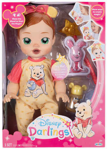 JAKKS Pacific Disney Darlings Winnie the Pooh Deluxe Interactive Baby Doll for 3 Years and Over - 33 cm Tall - Includes Wand, Bottle, and Pooh-Themed Accessories