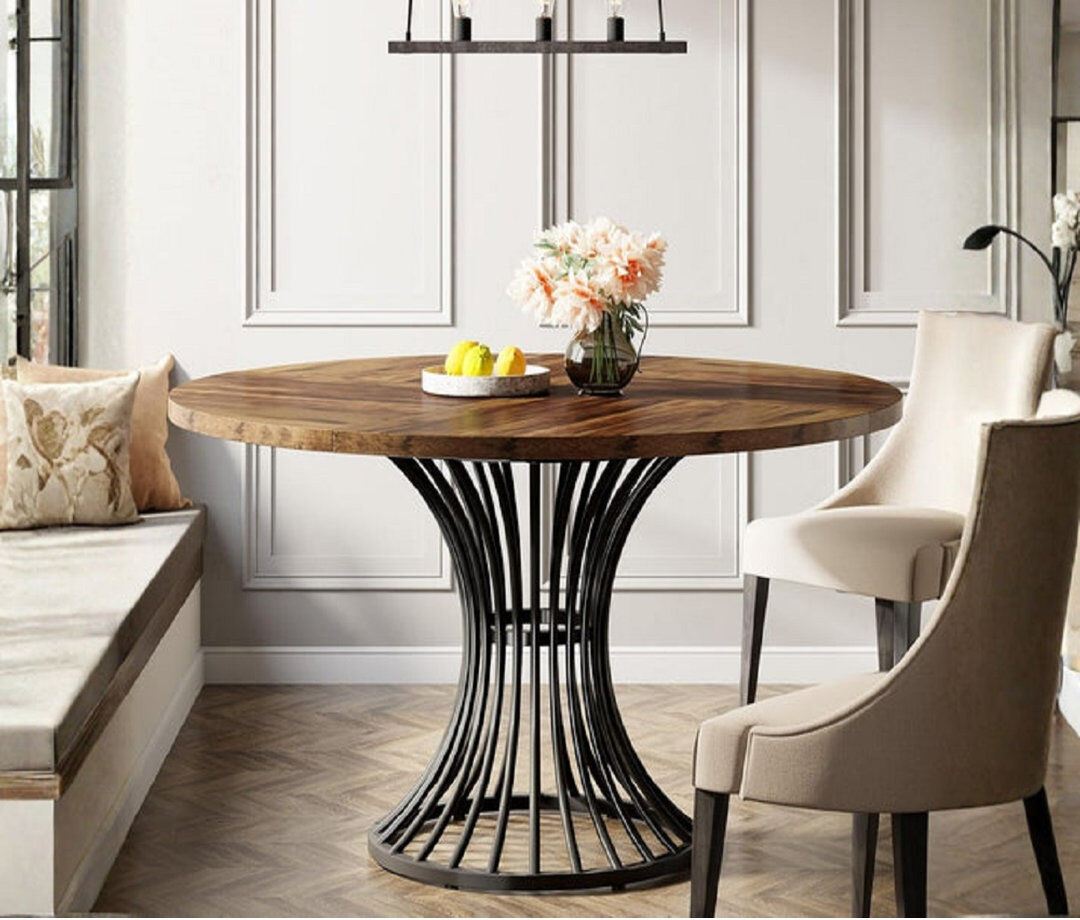 Trent Austin Design Round Dining Table 120 cm for 4-6 People Axis - Brown Wooden Table with Metal Legs Brown 6