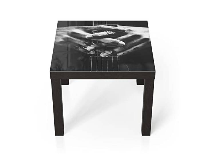 DEQORI Glastisch schwarz klein 55x55 cm Motiv Mann hält Gitarrenhals ausgefallener Beistelltisch aus Glas Hochglanz Couchtisch fürs Wohnzimmer moderner Couch Tisch mit Design