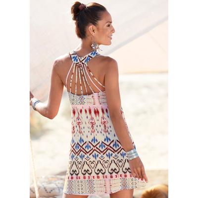 Strandkleid BUFFALO "mit besonderem Trägerdesign und Ethnoprint", Damen, Gr. 34, N-Gr, beige (creme, bedruckt), Jersey, Obermaterial: 95% Viskose, 5% Elasthan, bedruckt, figurumspielend Po-bedeckend, Rundhals, Kleider Strandkleid, Minikleid,...
