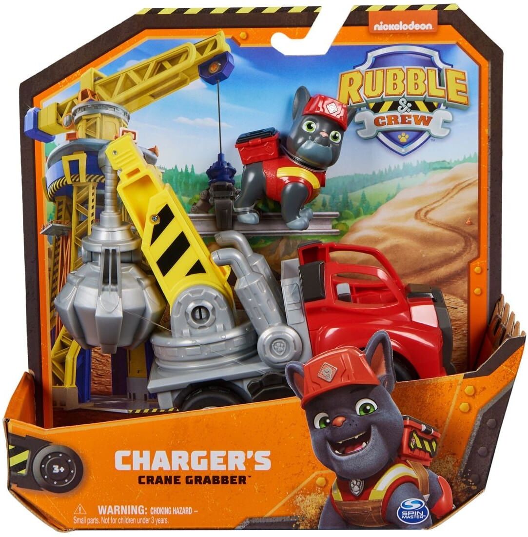 Spin Master Rubble ; Crew Charger's Crane Grabber Vehicle with Figure - Battery-Free Construction Toy for Kids - Includes Charger Figure