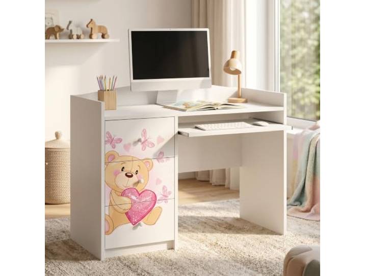 Happy Babies Weißer Kinderschreibtisch mit Schublade und Schrankfach, Schülerschreibtisch für Jungen & Mädchen, PC-Tisch Lerntisch mit Motiv (Nr 7)