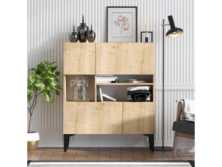Buffet haut moderne effet chêne - 3 niches centrales JENA