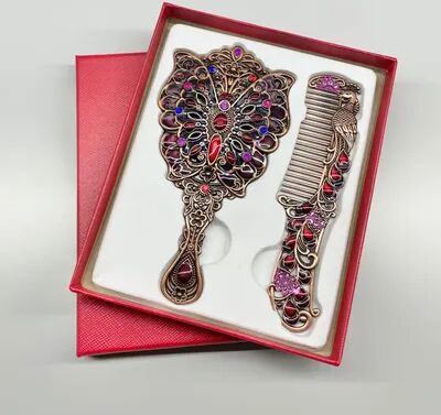 Fusion Finds Vintage Handheld Mirror Peacock Makeup Mirror & Comb Set Decorative Metal Vanity Gift red