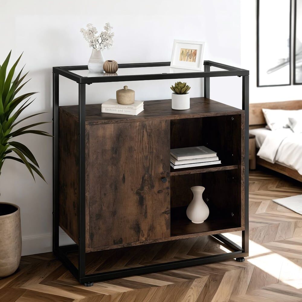 Tectake Consola estilo industrial y placa de vidrio 70x38x80,5cm madera oscura