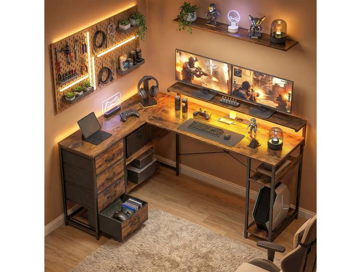 HOMCOM Bureau Gaming en L LED 4 Tiroirs Support Écran Brun