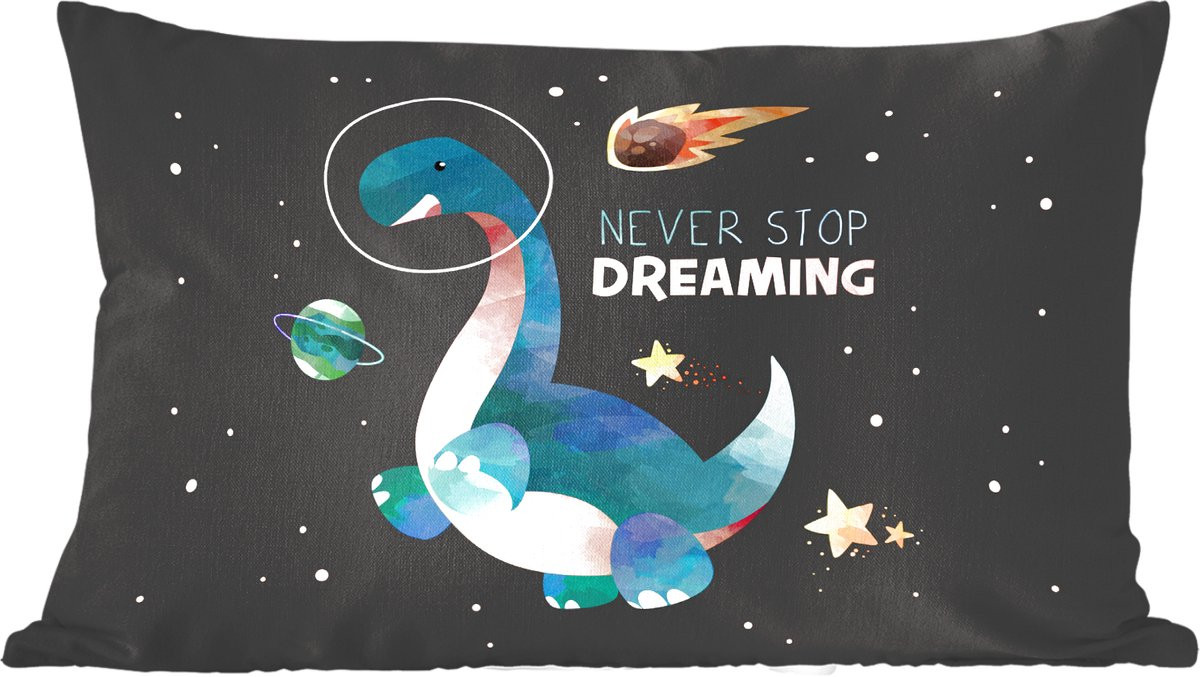 Sierkussen voor kinderen met quote Never stop dreaming, 50 x 30 cm