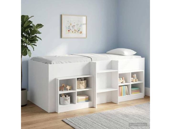 RJPLMFV Hochbettgestell für Kinder, Weiß, 90 x 200 cm Holzwerkstoff, integrierte Leiter, Aufbewahrung unter dem Bett, TPE-Schutz, transparent