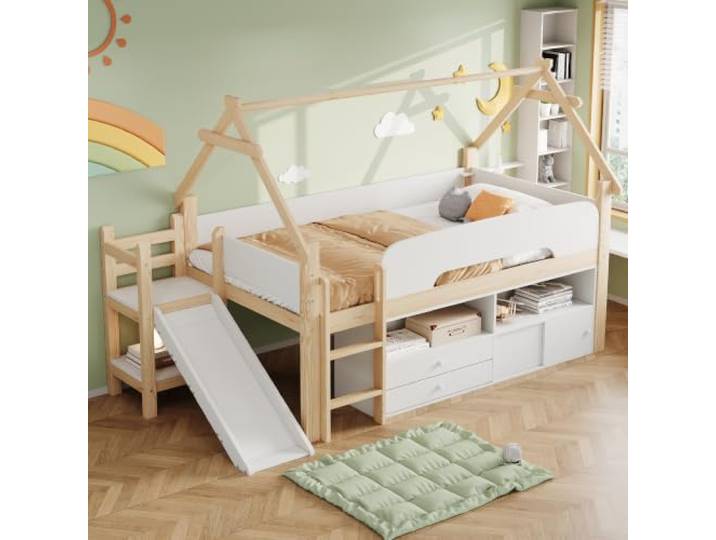 Merax Kinderbett Hochbett 90x200 cm mit dachförmigem Rahmen, Sicherheitsrutsche, Schubladen, Sicherheitsgeländer, Spielbereich und Stauraum – Holzfarbe+Weiß (Ohne Matratze)