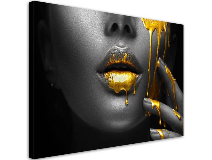 Feeby Leinwandbild Goldene Lippen, Frau, Abstraktion 100x70cm, Schwarz, Person/Charakter, Rechteckig, 100x70 cm, Bilder & Rahmen, Bilder, Leinwandbilder