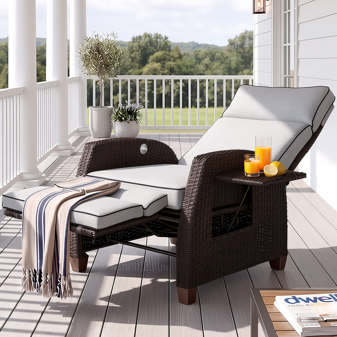 Blue Elephant Garden Wicker Recliner Chair, Air Pump Adjustable Backrest Up to 150 Degree with Cushions Dark Brown/Grayish White 103.12cm H X 67.05cm W X 79cm D