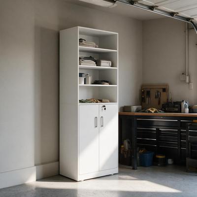 Timechee "26.7"" White Garage Storage Cabinet with Locking Doors and Open Shelves,Tall Freestanding Utility Organize"