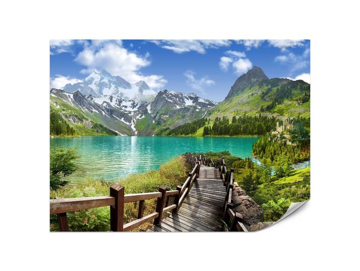 FOTOTAPETE für Wohnzimmer Holzsteg Bergsee Pflanzen Ruhe 200x140