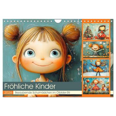 Fröhliche Kinder. Bezaubernde Schulmädchen im Ölbilder-Stil (Wandkalender 2026 DIN A4 quer), CALVENDO Monatskalender