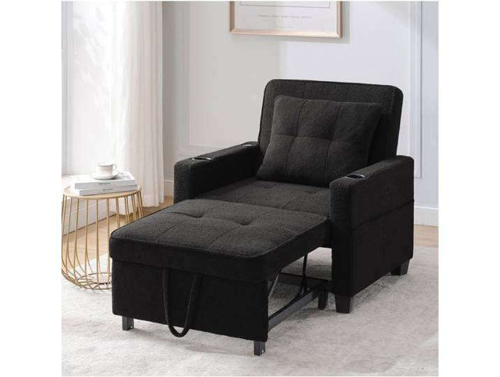 Fauteuil convertible 3 en 1 noir en tissu avec porte-gobelet et port USB canapé-lit 1 place dépliable