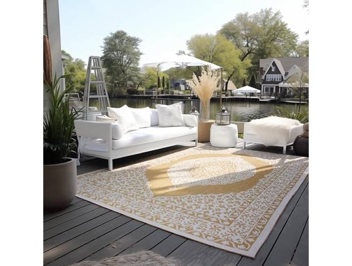 Elle Decoration Oriëntaals, vintage design, outdoortapijt, oosters voor tuin, balkon, terras, woonkamer, oker, 160 x 230 cm, oker