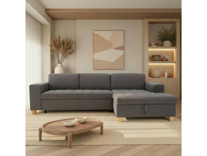 Mid.you Ecksofa Sugar, Dunkelgrau, Holz, Buche, 4-Sitzer, Ottomane rechts, L-Form, 266x162 cm, Made in EU, FSC Mix, Rücken echt, Armteil links, rechts, Wohnzimmer, Sofas & Couches, Wohnlandschaften, Ecksofas