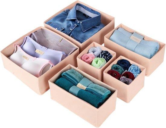 Opvouwbare beige textiele opbergdoos met verdelers voor kleding en ondergoed
