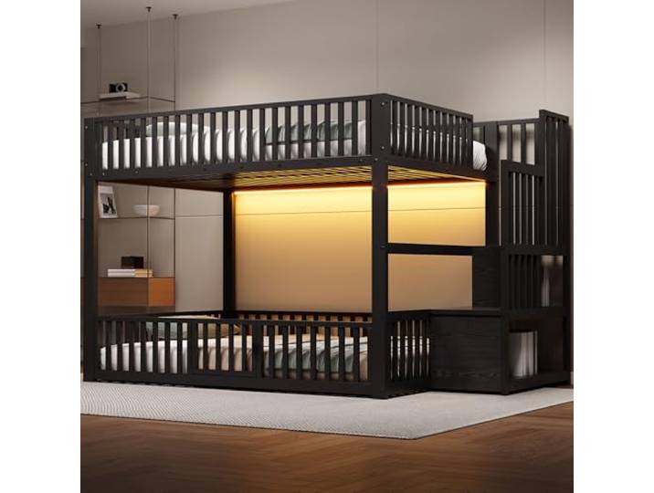 BTM Etagenbett 140 x 200cm Bunk Bed Jugendbett mit Treppe, LED und Leitplanke Stockbett für 2 Kinder Schwarz, ohne Matratze