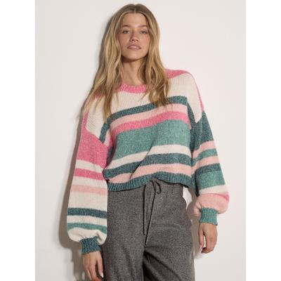 Strickpullover APRICOT "Weicher, gestreifter, verkürzter Strickpullover", Damen, Gr. 1, bunt (pink), gestrickt, , Modisch, normal Normale Länge, Rundhals, Puffärmel Gerippt, Pullover Strickpullover, mit Streifen