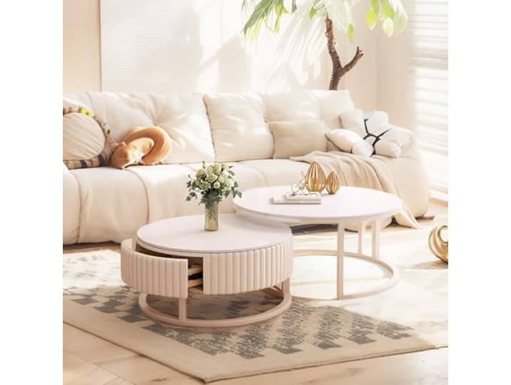 GonTzolkin 2 weiße Couchtische, ausziehbar, rund, mit Aufbewahrung, Marmor und robuster Metallrahmen, modern und ausziehbar, für Wohnzimmer und Büro