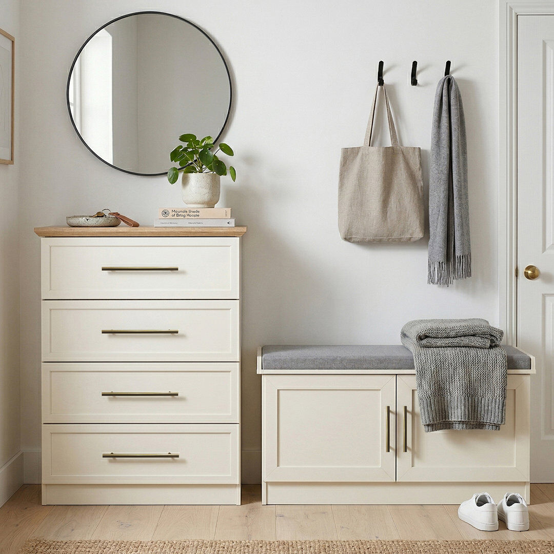 August Grove Arata Hallway Shoe Storage Bench With 4 Drawer Dresser Living or Bedroom Set Ivory