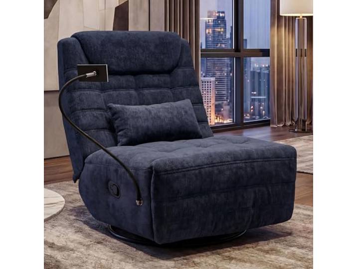 Mendler Relaxsessel HWC-P92 Stoff Chenille (260g/m²) - blau TV-Sessel, Fernsehsessel, drehbar Kippfunktion, Handyhalterung