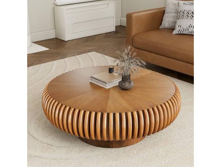 RZTPYS Moderner Runder Couchtisch Fürs Wohnzimmer,Brown 80cm Beistelltisch in Trommelform, Geriffelter Beistelltisch Mit Stabilem Fuß, Runder Teetisch Für Schlafzimmer, Büro, Wohnung
