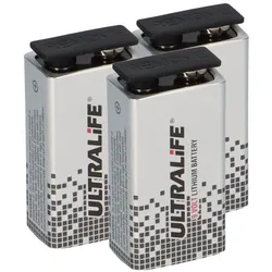 3x Ultralife U9VL-J-P Lithium 9V Block Batterie 1200mAh - passend für Rauchmelder & Sicherheitstechnik