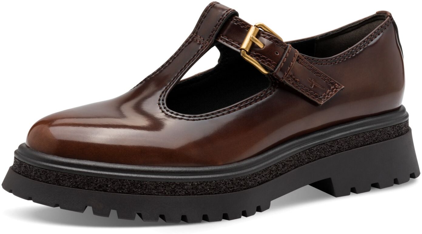 Slipper TAMARIS, Damen, Gr. 36, ungefüttert, beige (braun), Lacklederimitat, glänzend, unifarben, Basic, Schuhe Slipper, Chunky-Slipper, T-Spangen, Loafer, in veganer Verarbeitung