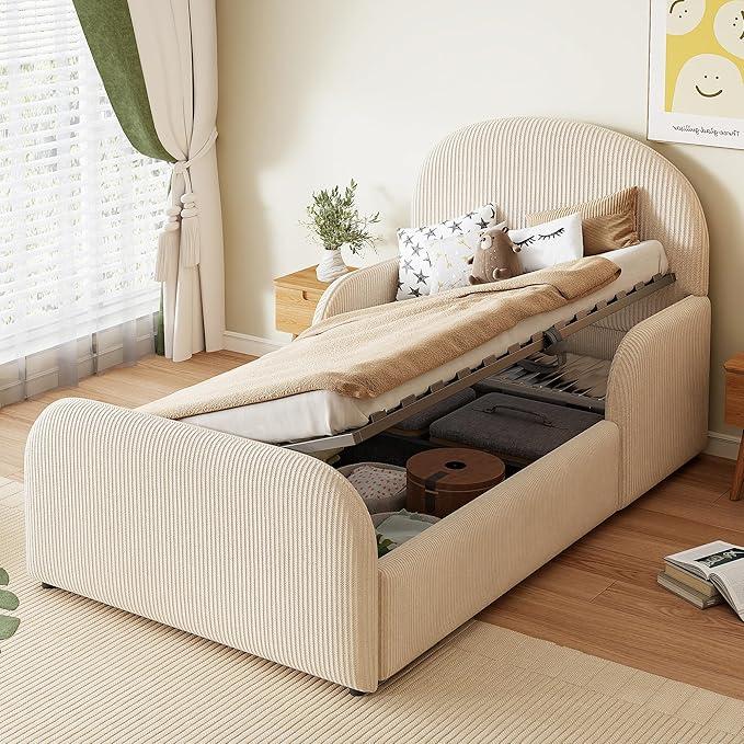 Kinderbett 90x200 cm Polsterbett mit Stauraum Samt Beige | Samt, 90x200, hydraulischer Stauraum, hohes Kopfteil, Halbhohe Handläufe, Einzelbett, fürKinder & Teenager, Beige.