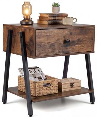 Costway Industrial Nightstand with Drawer and Adjustable Foot Pads for Bedroom-Rustic Brown