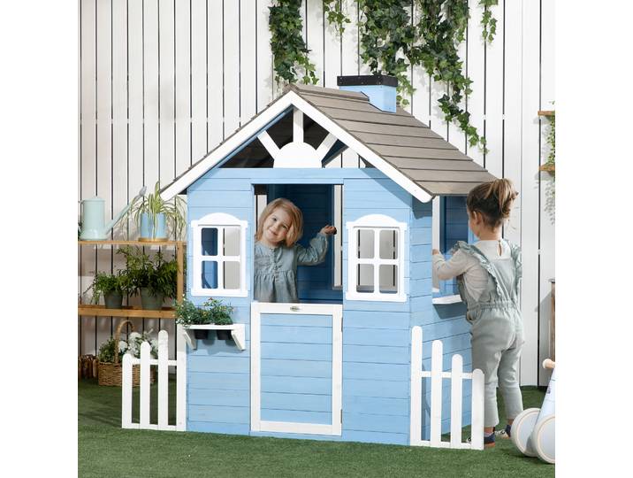 Outsunny Cabane Jeu Bois Enfant Bleu 151x112.5x142 cm