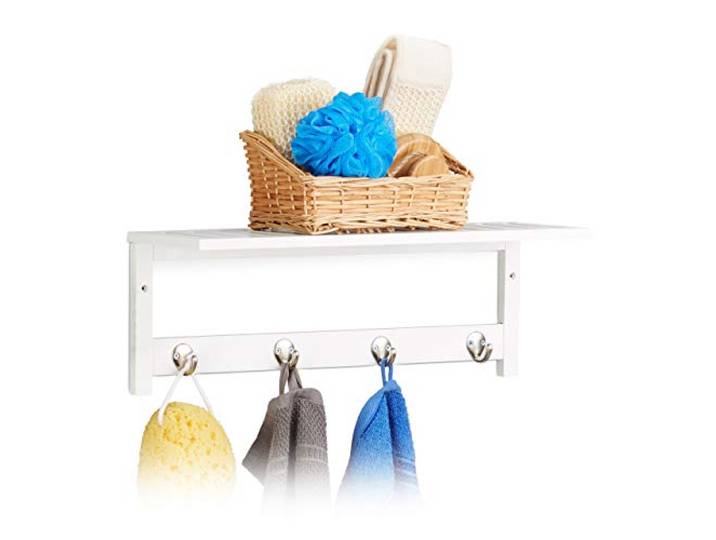 Relaxdays 10020923 Étagère Murale avec 4 Patères\, 17\,5 x 50 x 16 cm\, Bambou\, Porte-Serviette\, Garde-Robe Suspension\, Blanc\, HLP