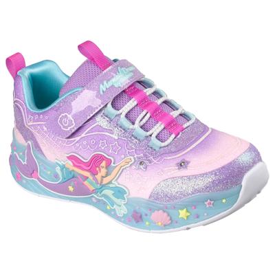 Sneaker SKECHERS "MERMAID DREAMS LIGHTS", Mädchen, Gr. 34, Textil, bunt (lavendel), Synthetik, Textil, Glitzer, kontrastfarbene Details, Schuhe Sneaker, Blink,-Klettschuh mit Applikation, Größenschablone zum Download