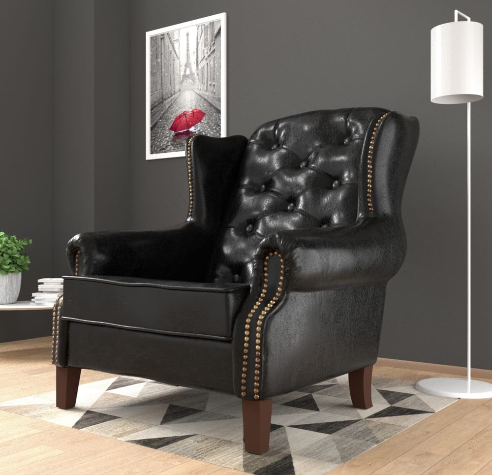 S-Style Fauteuil Chesterfield à oreilles en cuir végan, noir Noir 93x102x102cm