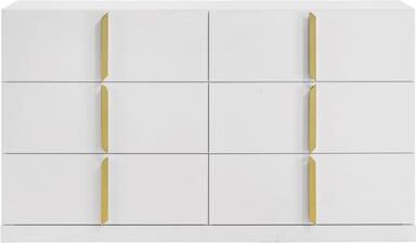 Benjara Orion Wide Dresser with 6 Drawers, Gold Handles, Glossy White Wood