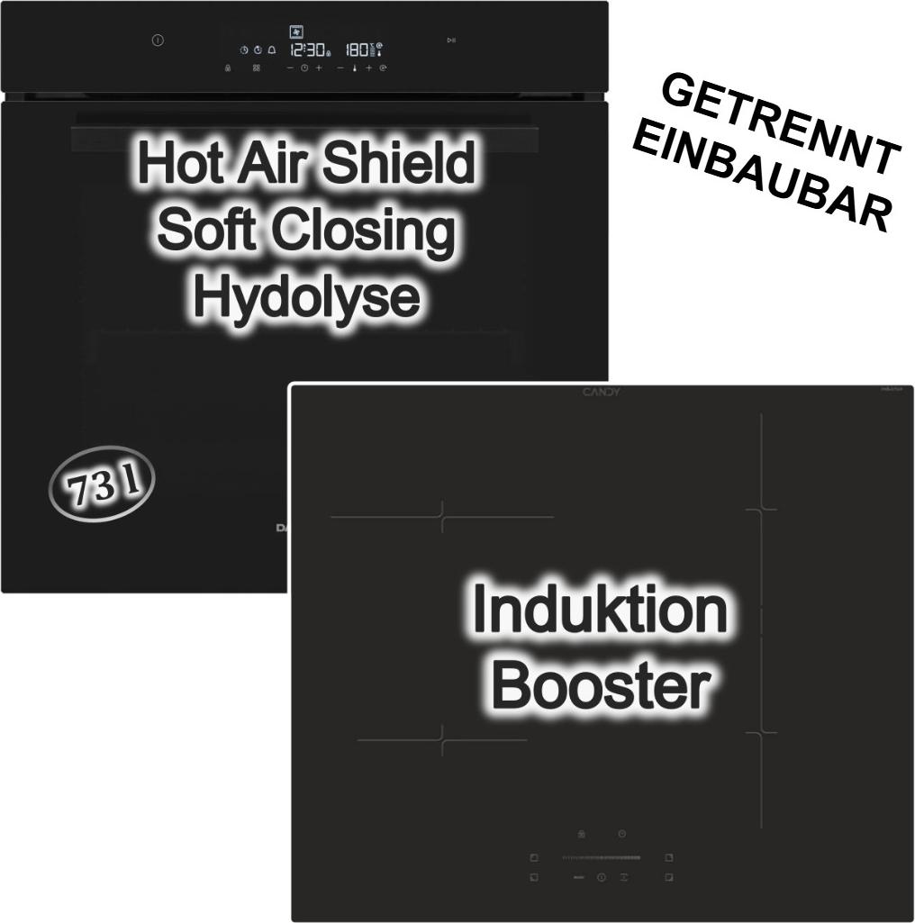 Herdset Daewoo Einbau Backofen SoftClose 73 L Hydrolyse Full Touch Display + Candy Induktionskochfeld Booster-Funktion hOn-App